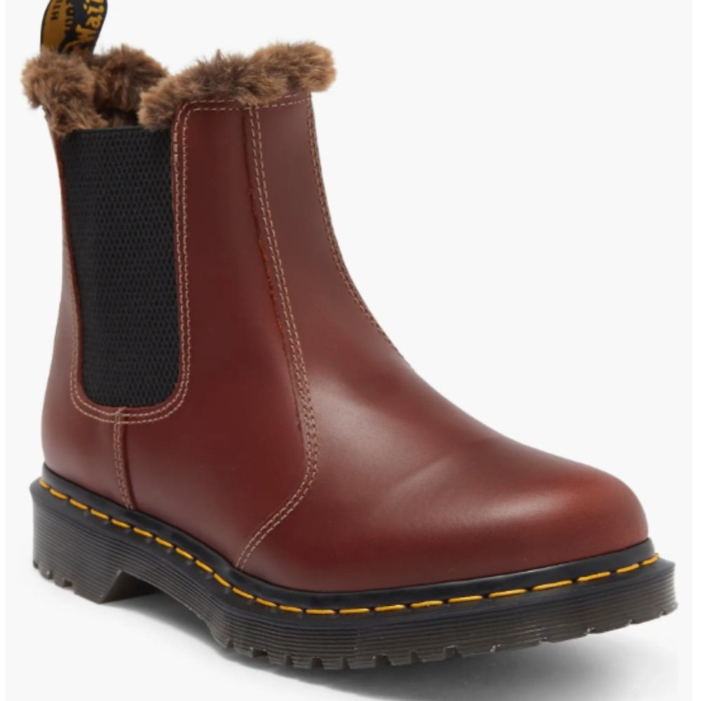 Dr. Martens Leonore Faux Fur Lined Lug Sole Chelsea Boot - Red Leather